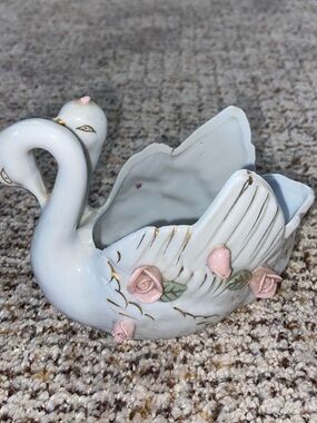 White Ceramic Swan Planter with Pink Rose Accents
